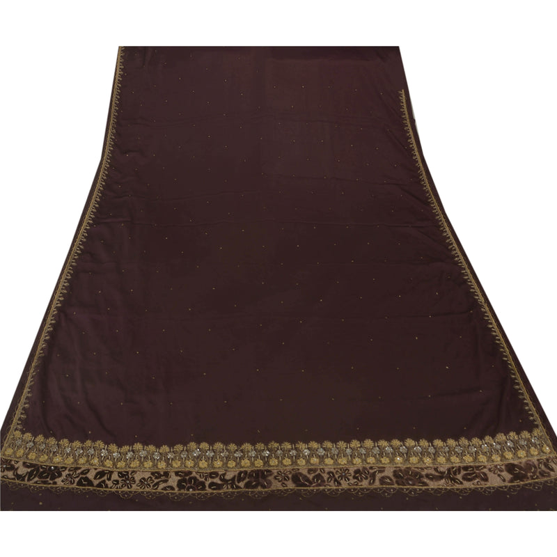 Sanskriti Vintage Indian Sari Purple Satin Hand Beaded Sarees Craft 5 YD Fabric