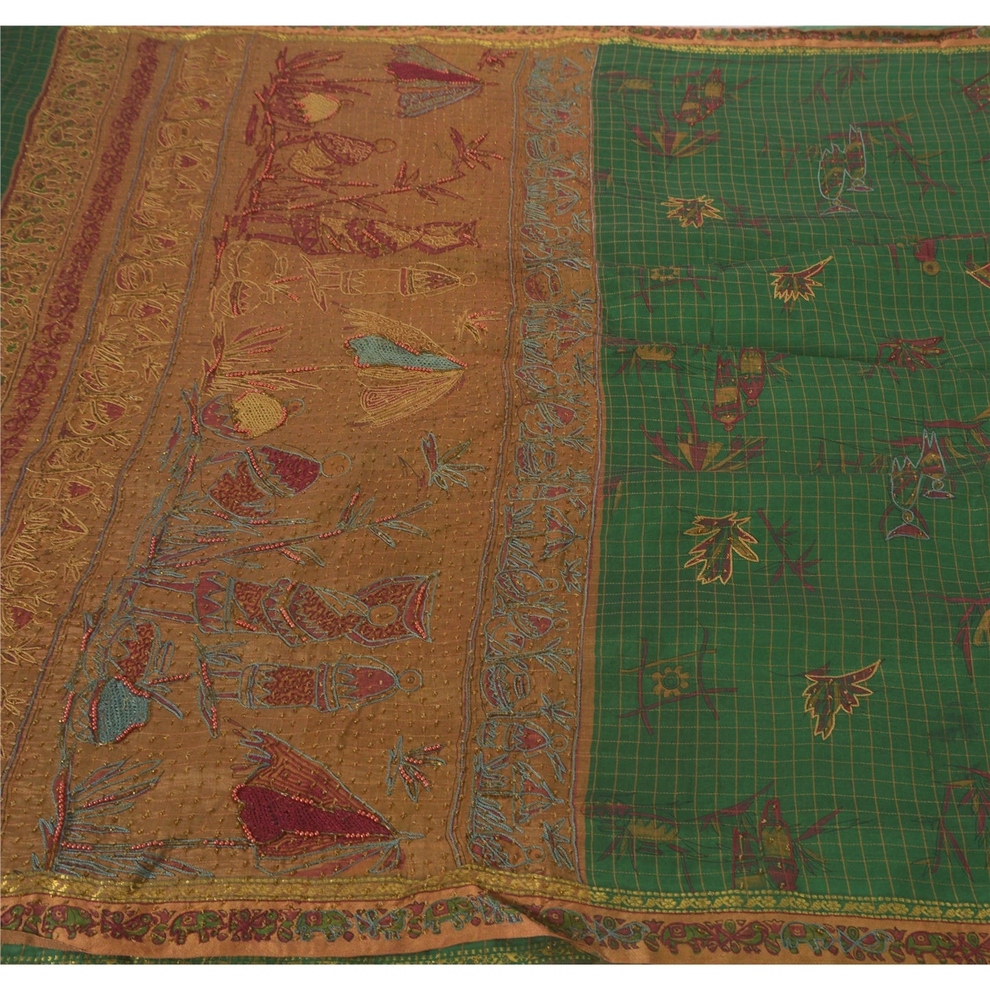 Vintage Green Sarees Art Silk Hand Beaded Craft Fabric Premium Sari