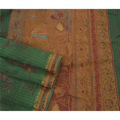 Vintage Green Sarees Art Silk Hand Beaded Craft Fabric Premium Sari