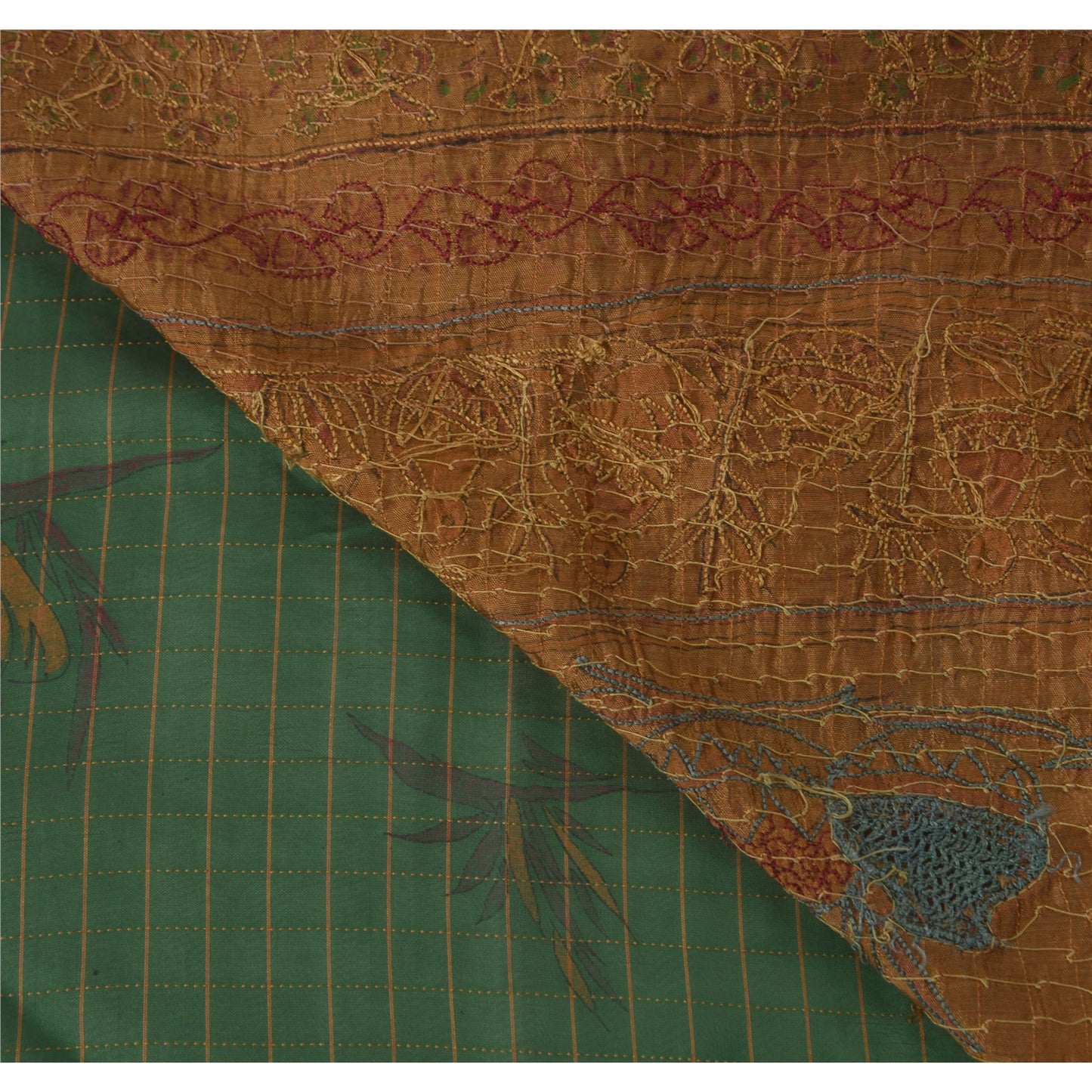 Vintage Green Sarees Art Silk Hand Beaded Craft Fabric Premium Sari