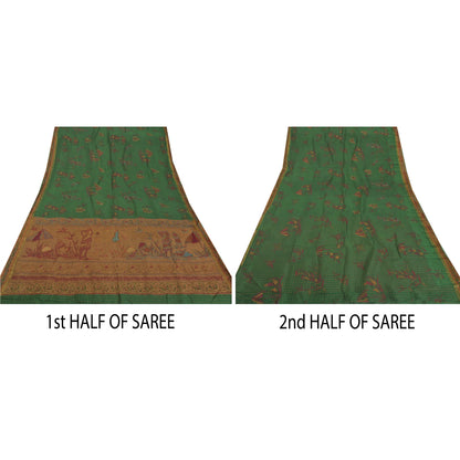 Vintage Green Sarees Art Silk Hand Beaded Craft Fabric Premium Sari