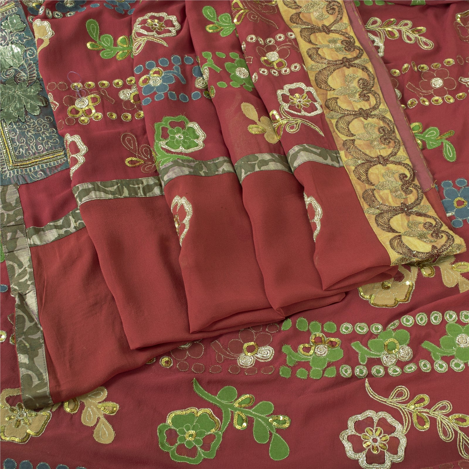 Sanskriti Vintage Red Sarees Pure Georgette Zardozi Hand Beaded Sari 6YD Fabric