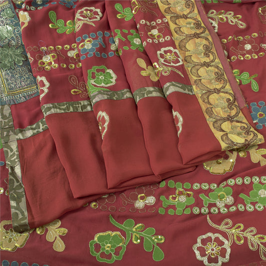 Sanskriti Vintage Red Sarees Pure Georgette Zardozi Hand Beaded Sari 6YD Fabric