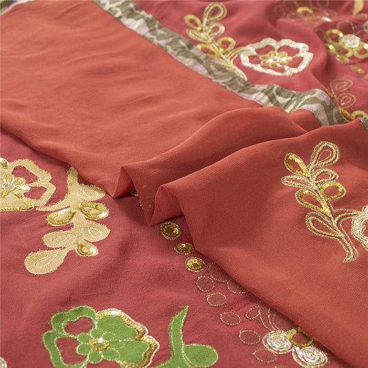 Sanskriti Vintage Red Sarees Pure Georgette Zardozi Hand Beaded Sari 6YD Fabric