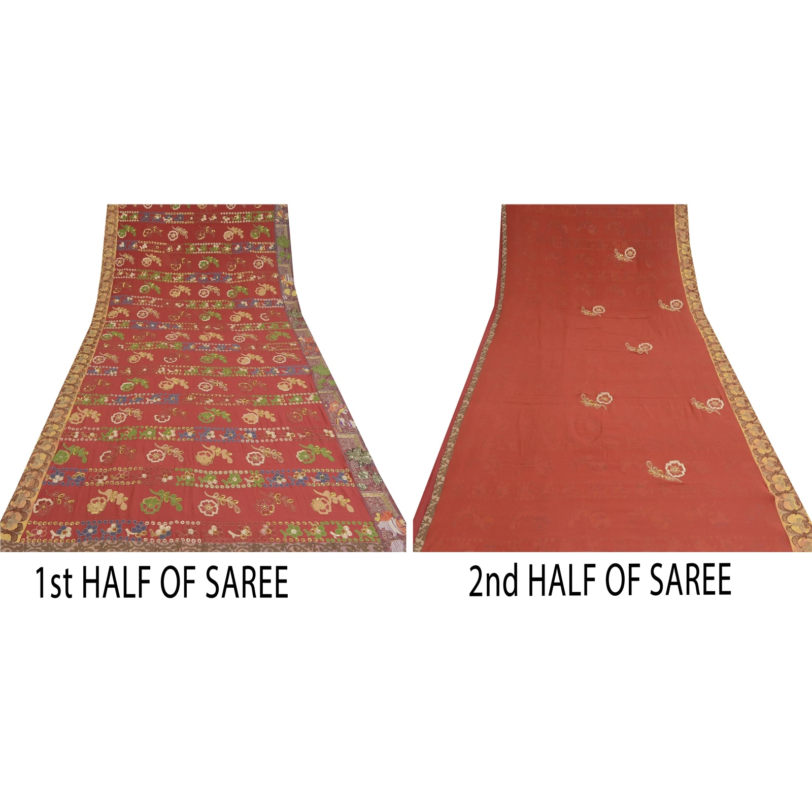 Sanskriti Vintage Red Sarees Pure Georgette Zardozi Hand Beaded Sari 6YD Fabric