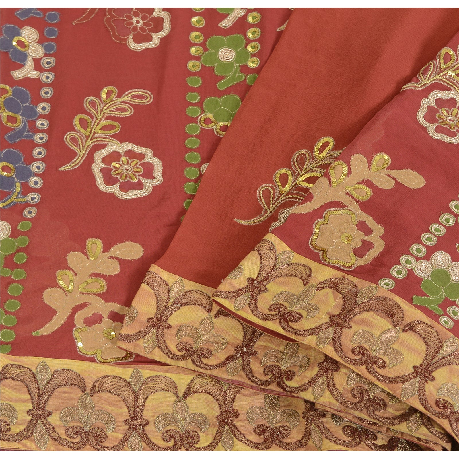 Sanskriti Vintage Red Sarees Pure Georgette Zardozi Hand Beaded Sari 6YD Fabric