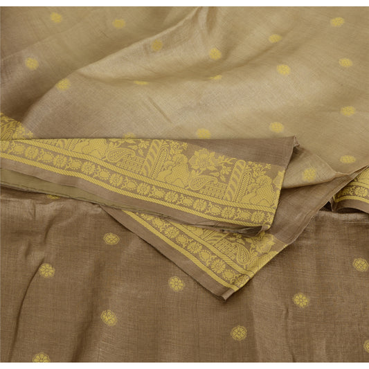 Sanskriti Vintage Brown Sarees Pure Silk Hand Woven Ethnic Sari 5yd Craft Fabric