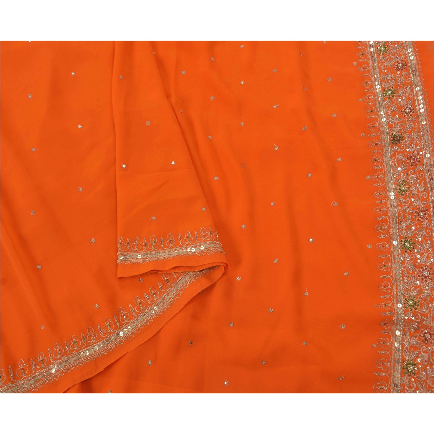 Sanskriti Vintage Orange Saree Georgette Hand Beaded Craft Fabric Premium Sari
