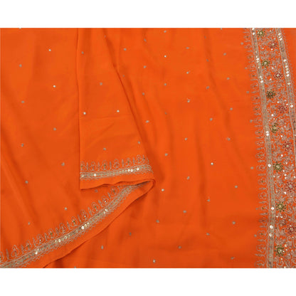 Sanskriti Vintage Orange Saree Georgette Hand Beaded Craft Fabric Premium Sari