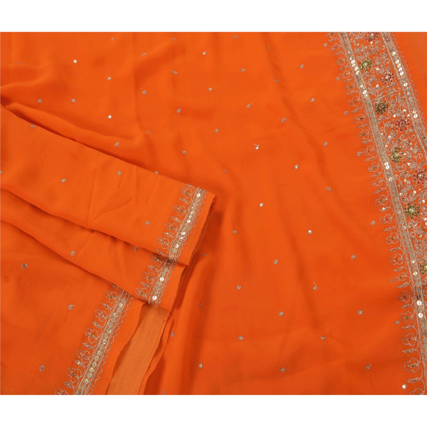 Sanskriti Vintage Orange Saree Georgette Hand Beaded Craft Fabric Premium Sari