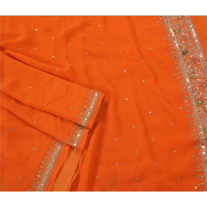 Sanskriti Vintage Orange Saree Georgette Hand Beaded Craft Fabric Premium Sari
