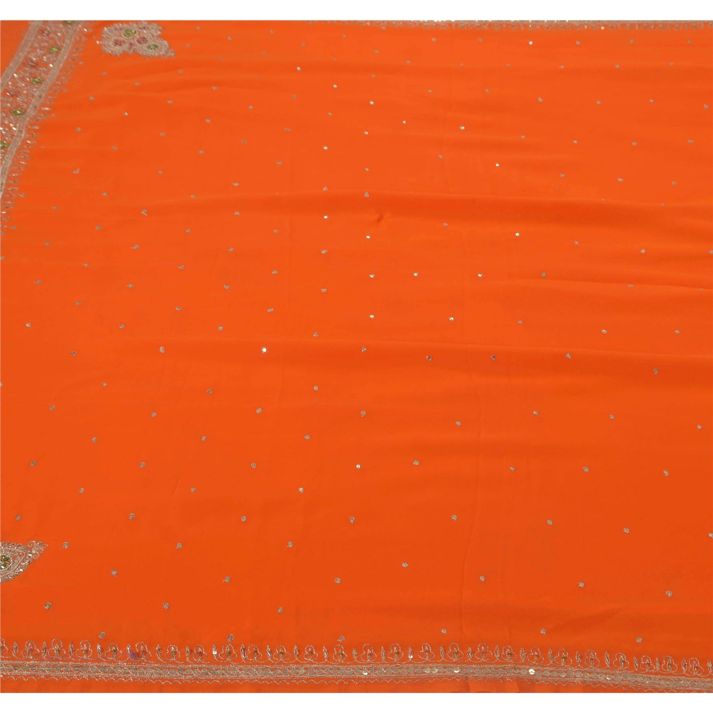 Sanskriti Vintage Orange Saree Georgette Hand Beaded Craft Fabric Premium Sari