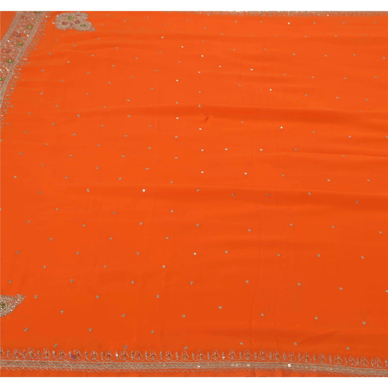Sanskriti Vintage Orange Saree Georgette Hand Beaded Craft Fabric Premium Sari