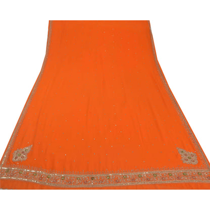 Sanskriti Vintage Orange Saree Georgette Hand Beaded Craft Fabric Premium Sari