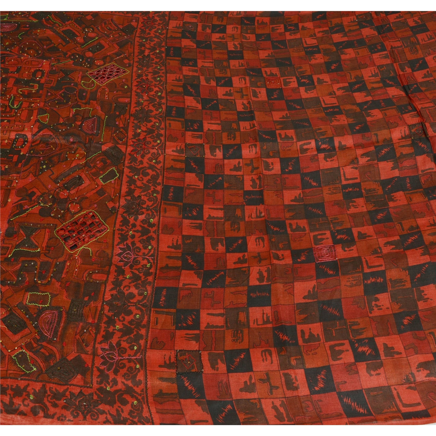 Sanskriti Vintage Indian Dark Red & Black Sarees Pure Silk Hand Bead Sari Fabric