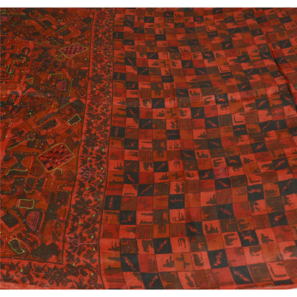 Sanskriti Vintage Indian Dark Red & Black Sarees Pure Silk Hand Bead Sari Fabric