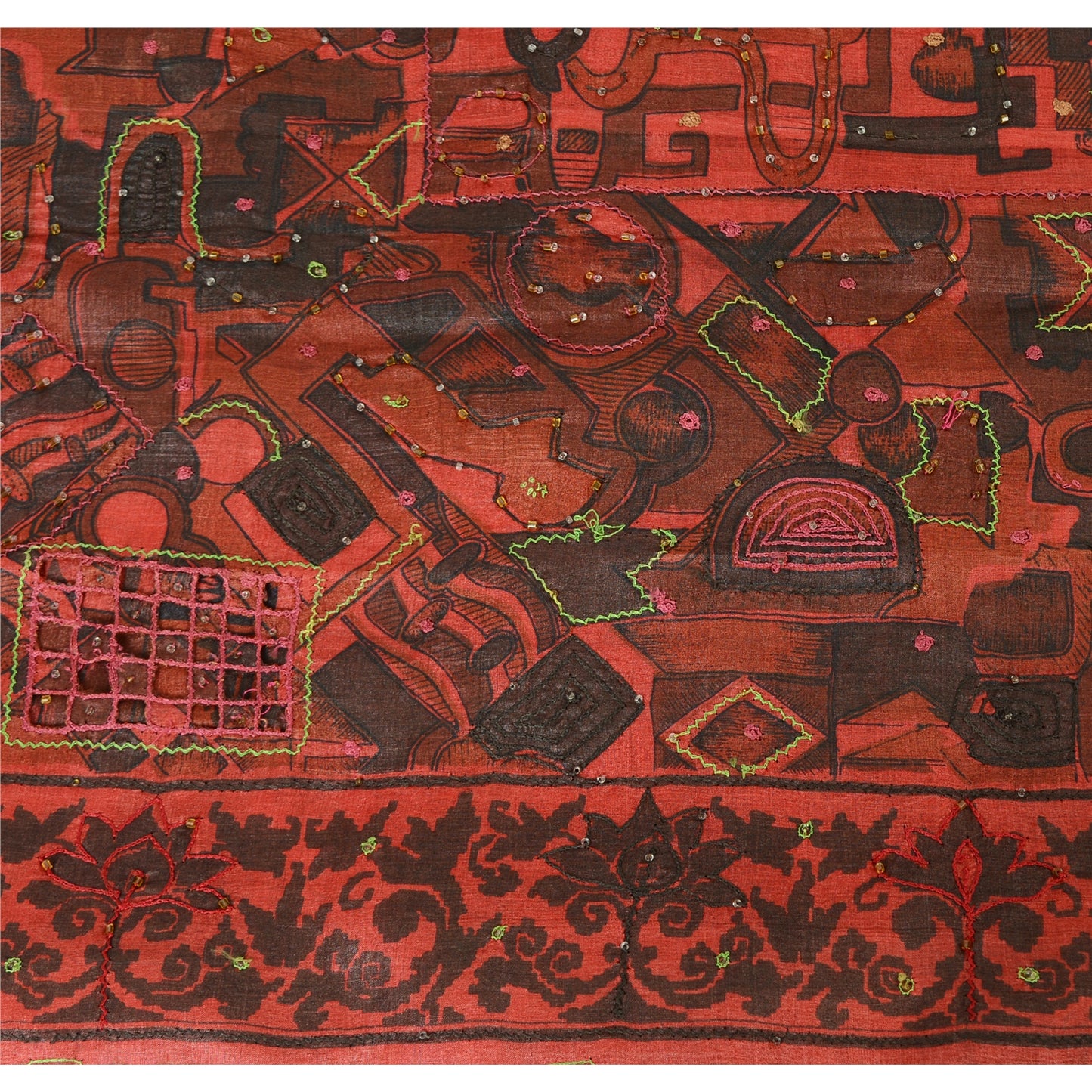 Sanskriti Vintage Indian Dark Red & Black Sarees Pure Silk Hand Bead Sari Fabric