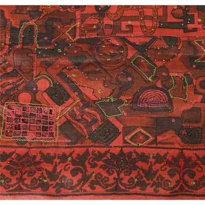Sanskriti Vintage Indian Dark Red & Black Sarees Pure Silk Hand Bead Sari Fabric