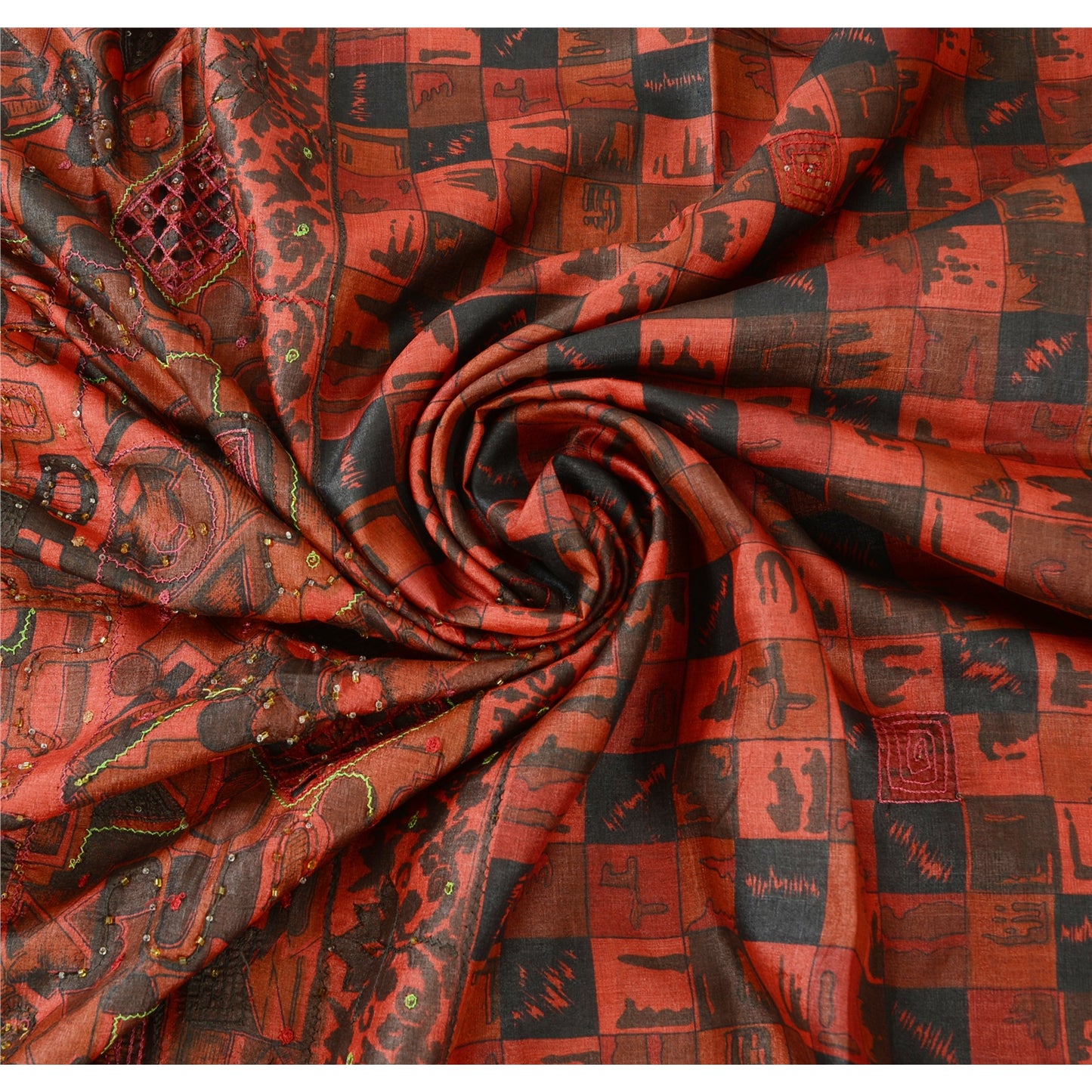 Sanskriti Vintage Indian Dark Red & Black Sarees Pure Silk Hand Bead Sari Fabric
