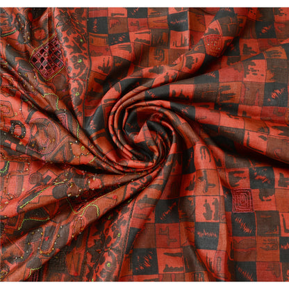 Sanskriti Vintage Indian Dark Red & Black Sarees Pure Silk Hand Bead Sari Fabric
