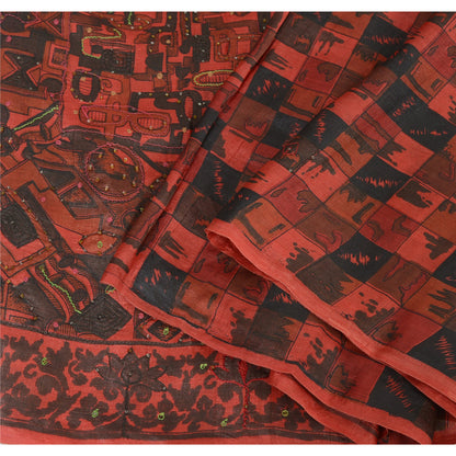 Sanskriti Vintage Indian Dark Red & Black Sarees Pure Silk Hand Bead Sari Fabric
