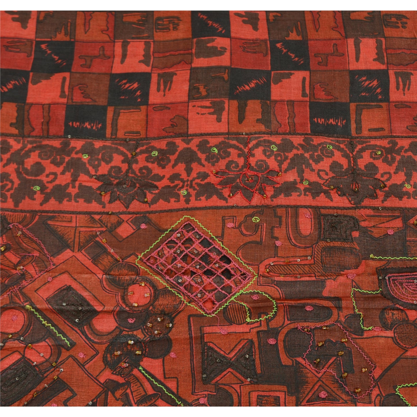 Sanskriti Vintage Indian Dark Red & Black Sarees Pure Silk Hand Bead Sari Fabric