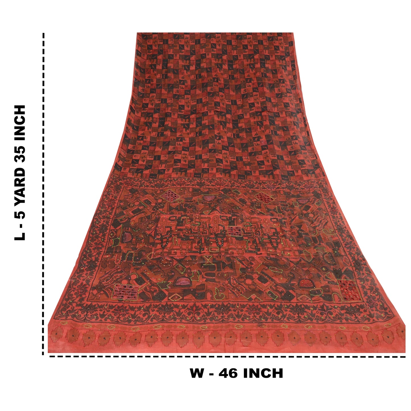 Sanskriti Vintage Indian Dark Red & Black Sarees Pure Silk Hand Bead Sari Fabric