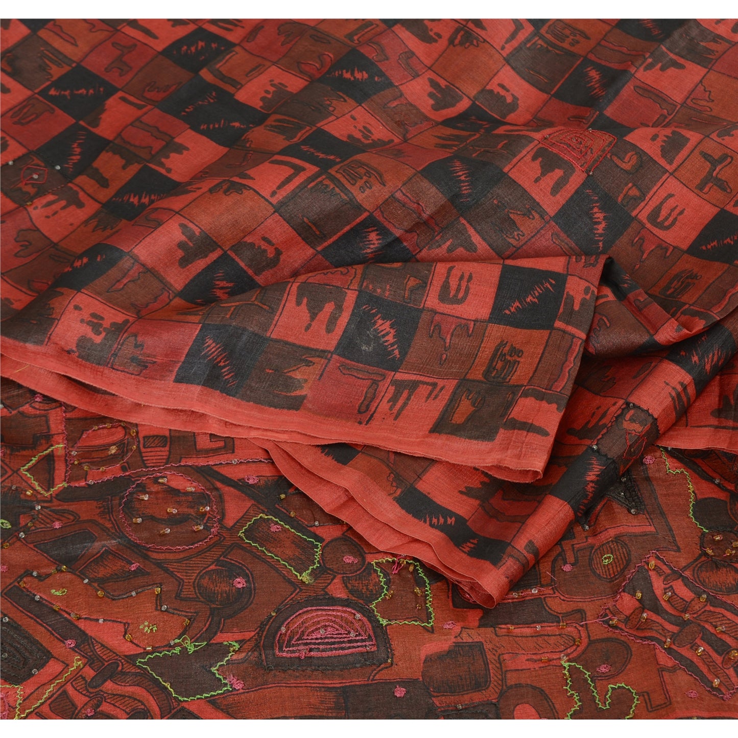 Sanskriti Vintage Indian Dark Red & Black Sarees Pure Silk Hand Bead Sari Fabric