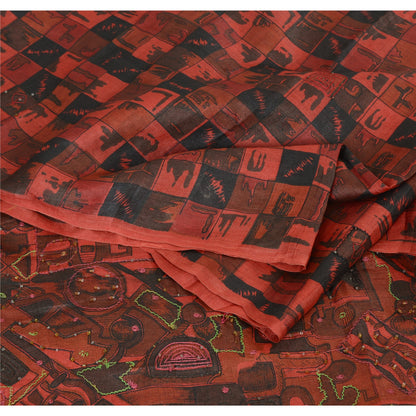 Sanskriti Vintage Indian Dark Red & Black Sarees Pure Silk Hand Bead Sari Fabric