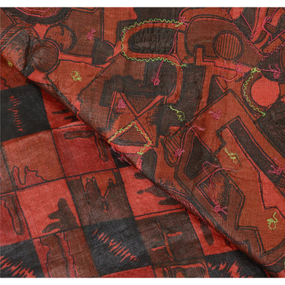 Sanskriti Vintage Indian Dark Red & Black Sarees Pure Silk Hand Bead Sari Fabric