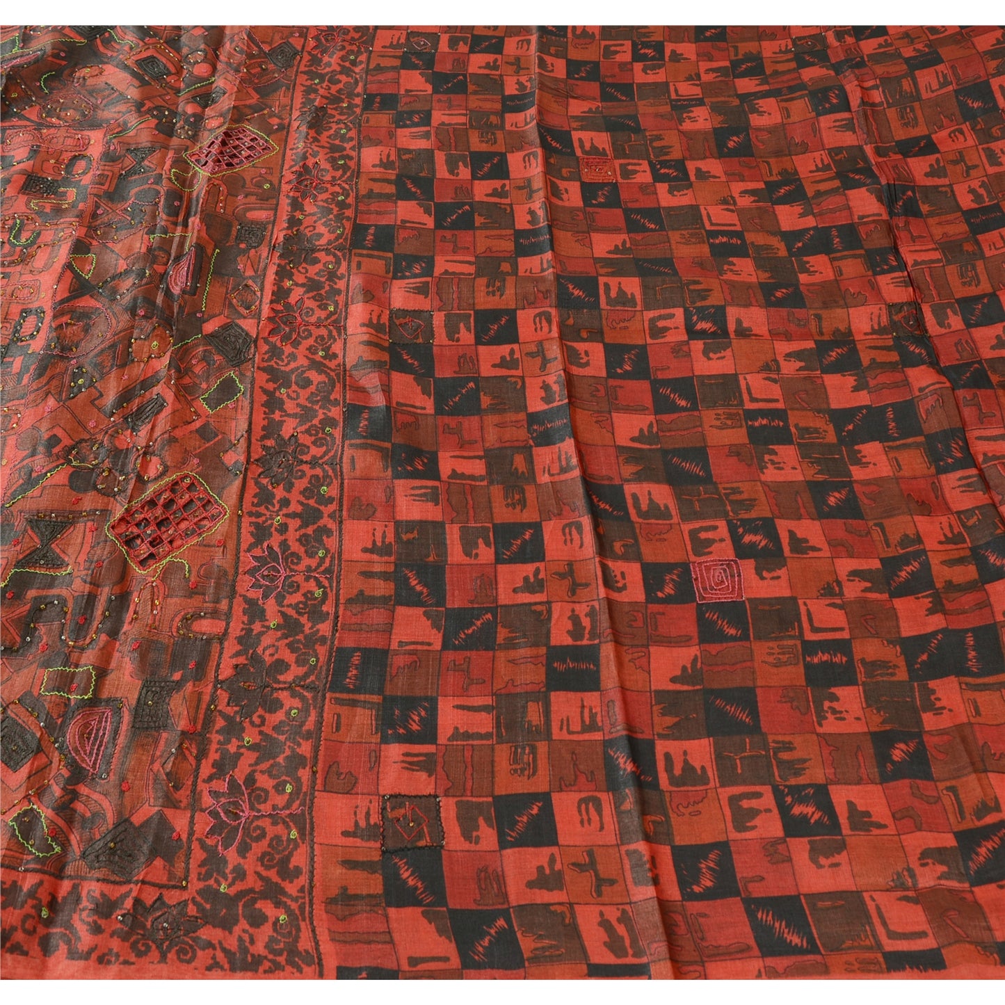 Sanskriti Vintage Indian Dark Red & Black Sarees Pure Silk Hand Bead Sari Fabric