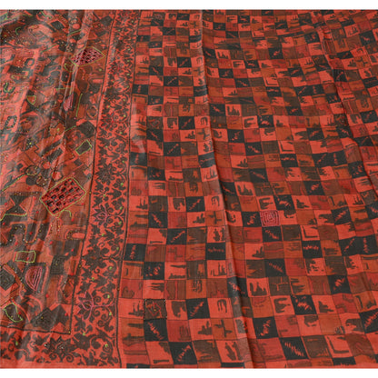 Sanskriti Vintage Indian Dark Red & Black Sarees Pure Silk Hand Bead Sari Fabric