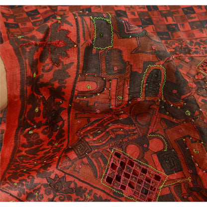 Sanskriti Vintage Indian Dark Red & Black Sarees Pure Silk Hand Bead Sari Fabric