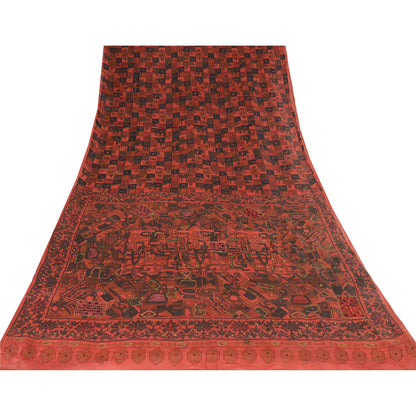 Sanskriti Vintage Indian Dark Red & Black Sarees Pure Silk Hand Bead Sari Fabric