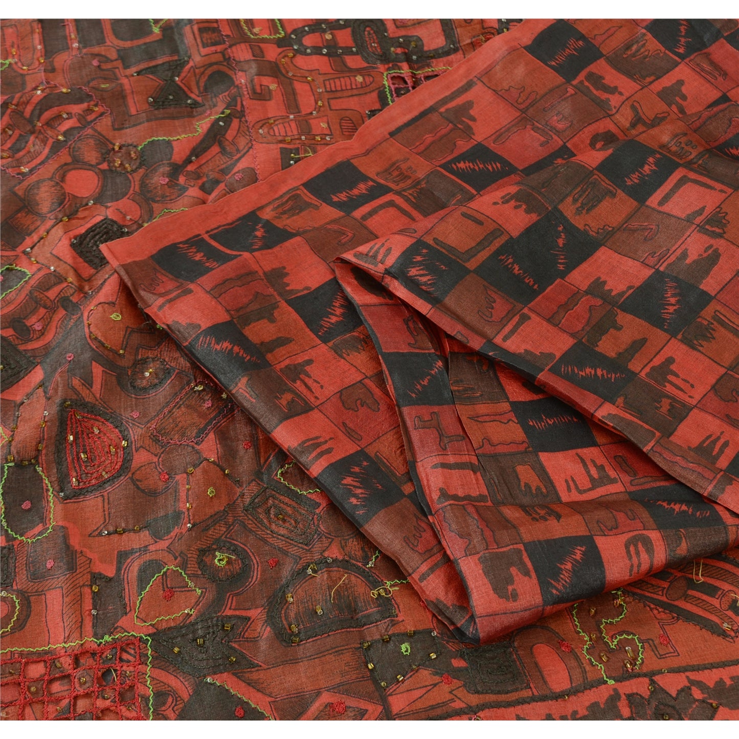 Sanskriti Vintage Indian Dark Red & Black Sarees Pure Silk Hand Bead Sari Fabric