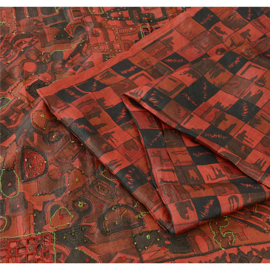 Sanskriti Vintage Indian Dark Red & Black Sarees Pure Silk Hand Bead Sari Fabric