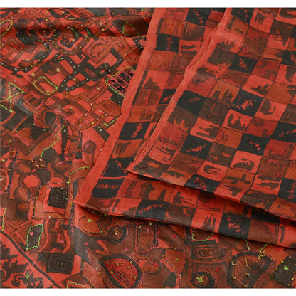 Sanskriti Vintage Indian Dark Red & Black Sarees Pure Silk Hand Bead Sari Fabric
