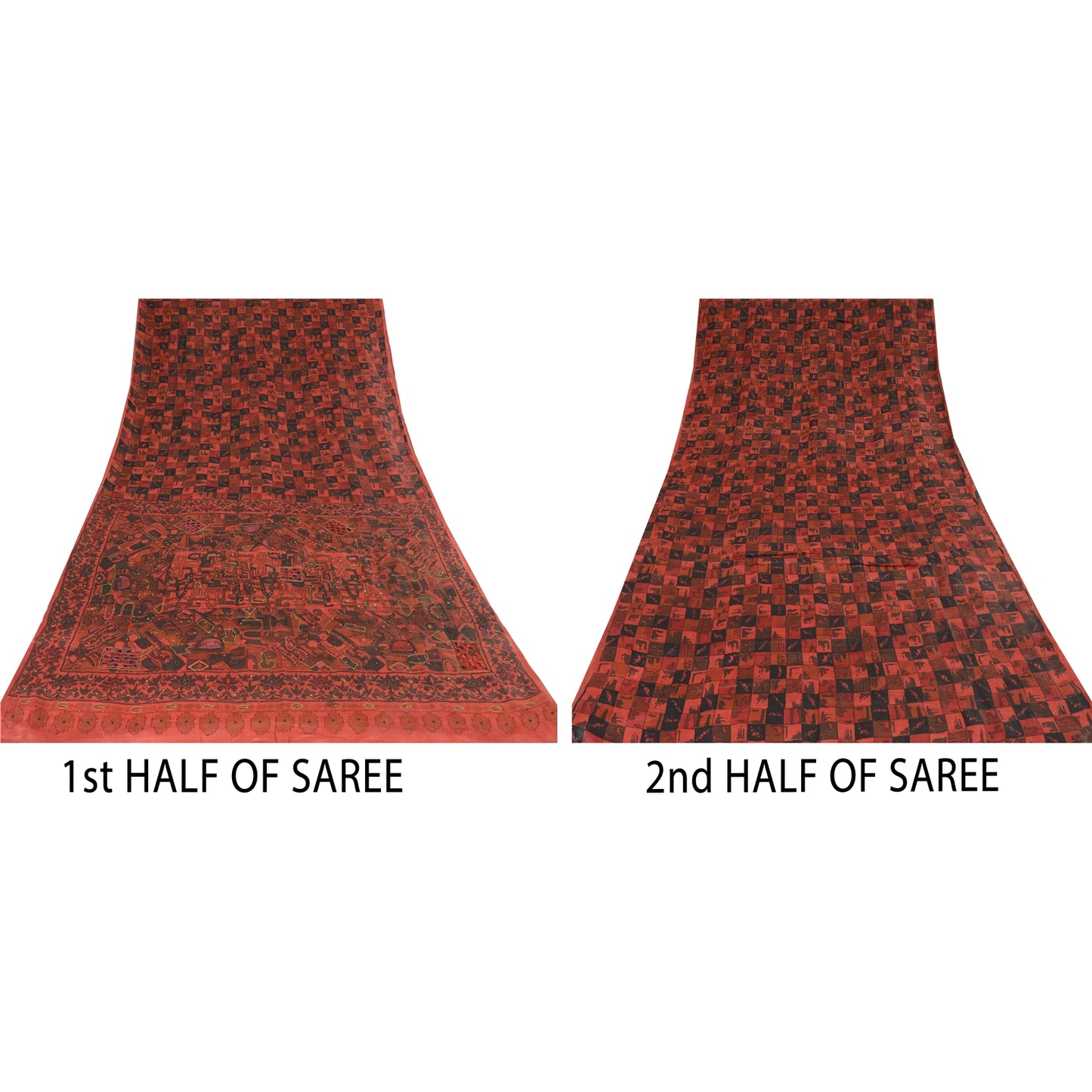 Sanskriti Vintage Indian Dark Red & Black Sarees Pure Silk Hand Bead Sari Fabric
