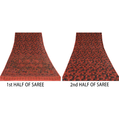 Sanskriti Vintage Indian Dark Red & Black Sarees Pure Silk Hand Bead Sari Fabric