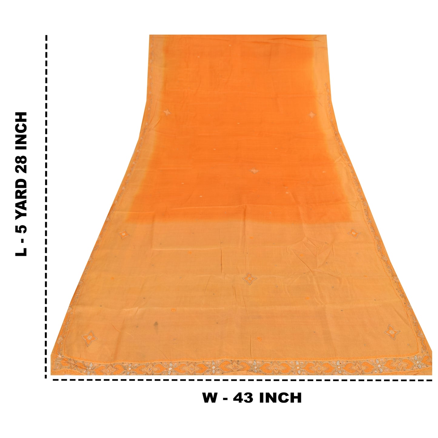 Sanskriti Vintage Orange Saree Pure Silk Zari Hand Beaded Craft Fabric 5 YD Sari