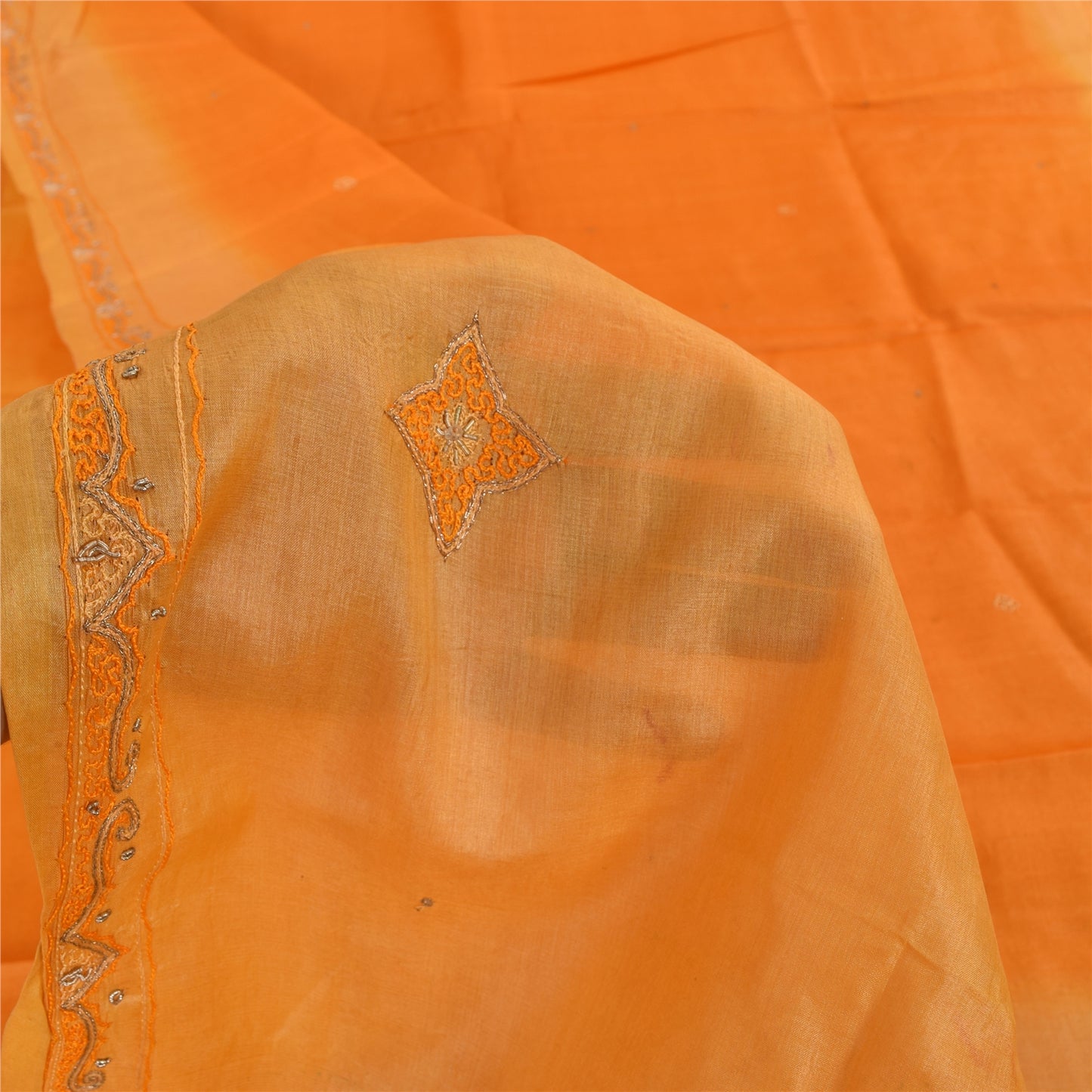 Sanskriti Vintage Orange Saree Pure Silk Zari Hand Beaded Craft Fabric 5 YD Sari