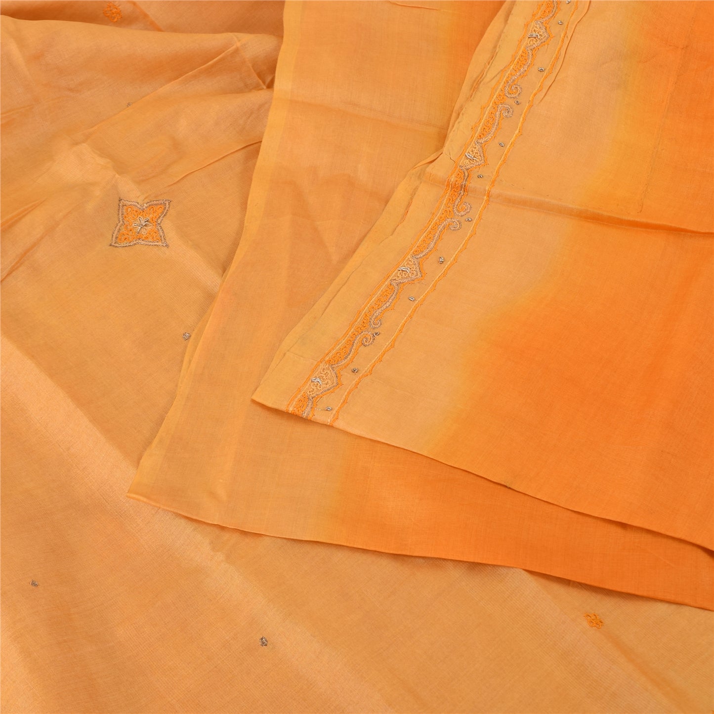 Sanskriti Vintage Orange Saree Pure Silk Zari Hand Beaded Craft Fabric 5 YD Sari