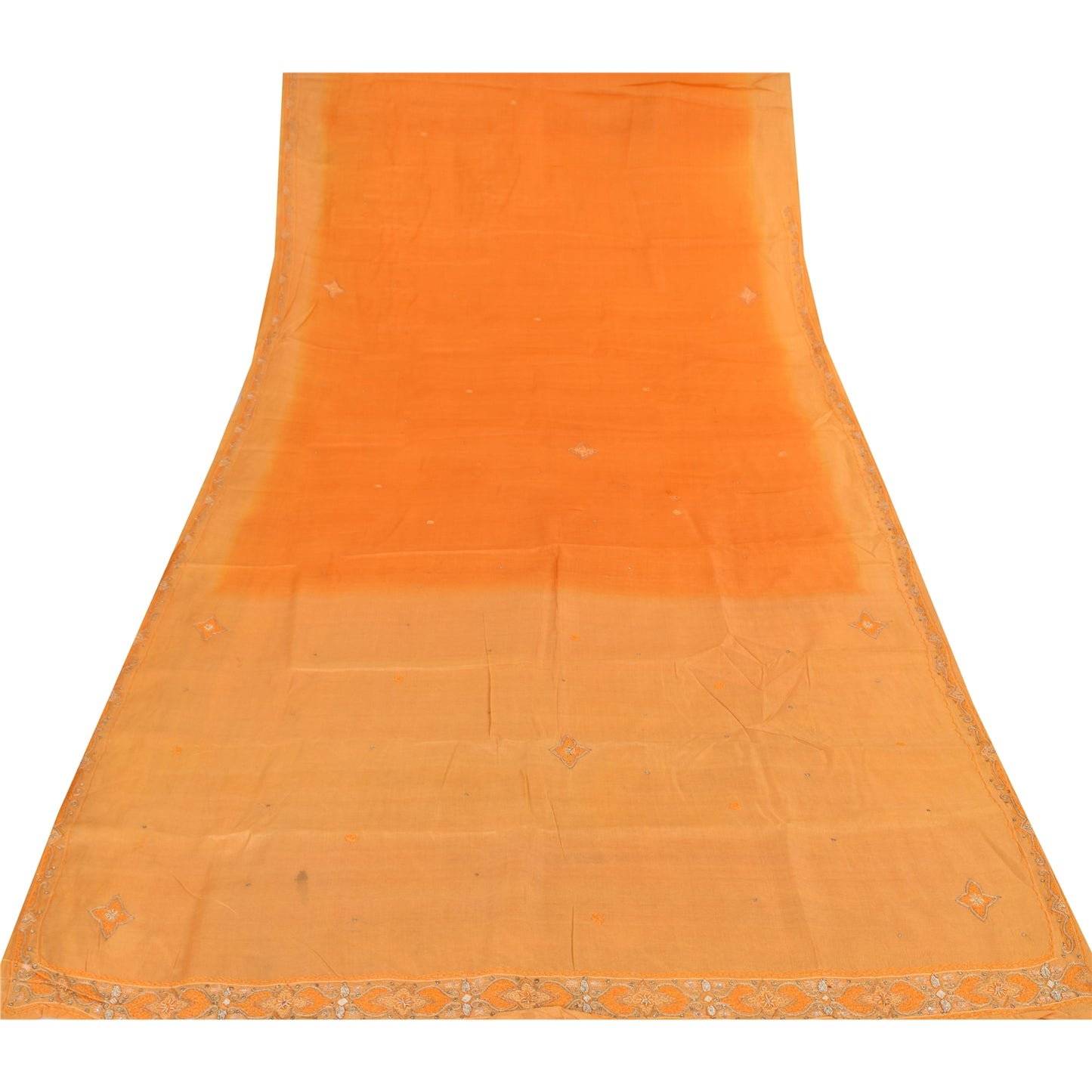 Sanskriti Vintage Orange Saree Pure Silk Zari Hand Beaded Craft Fabric 5 YD Sari