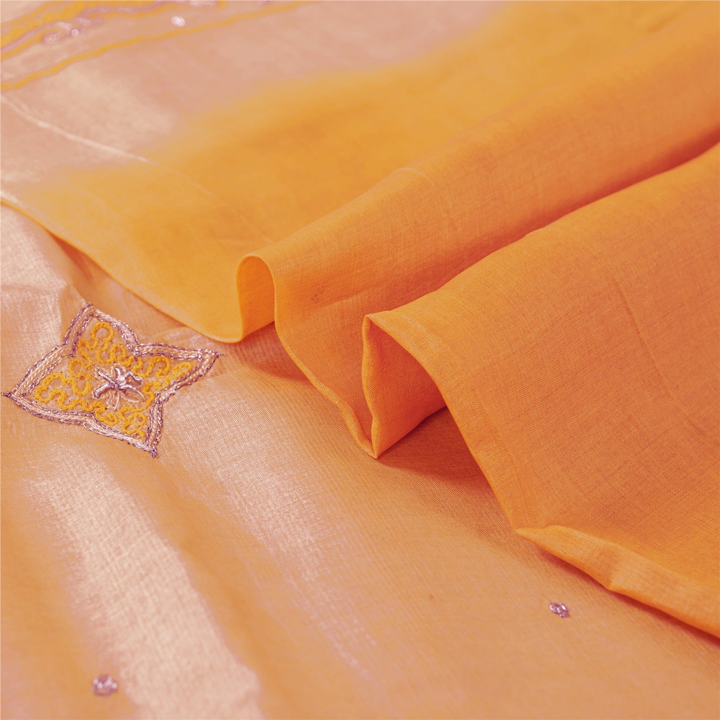 Sanskriti Vintage Orange Saree Pure Silk Zari Hand Beaded Craft Fabric 5 YD Sari