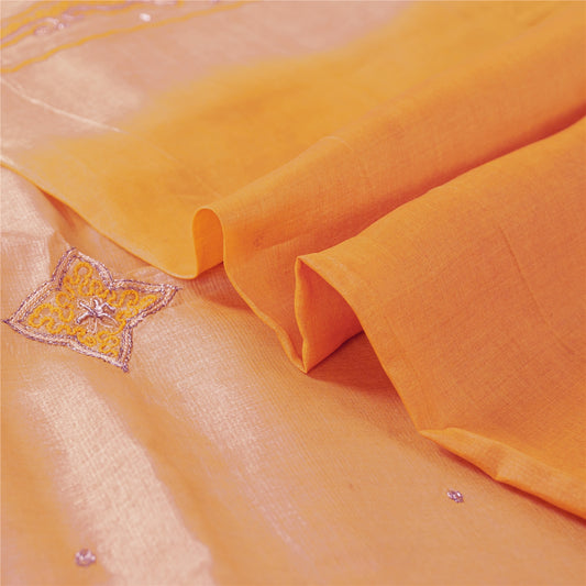 Sanskriti Vintage Orange Saree Pure Silk Zari Hand Beaded Craft Fabric 5 YD Sari