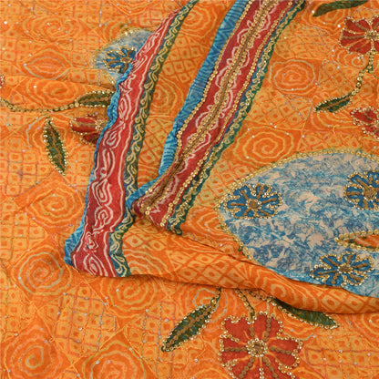 Sanskriti Vintage Yellow Saree Pure Georgette Hand Beaded Kantha Sari 5yd Fabric