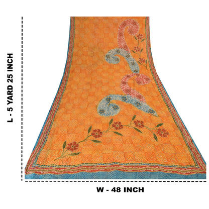 Sanskriti Vintage Yellow Saree Pure Georgette Hand Beaded Kantha Sari 5yd Fabric