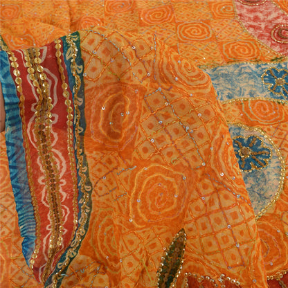 Sanskriti Vintage Yellow Saree Pure Georgette Hand Beaded Kantha Sari 5yd Fabric