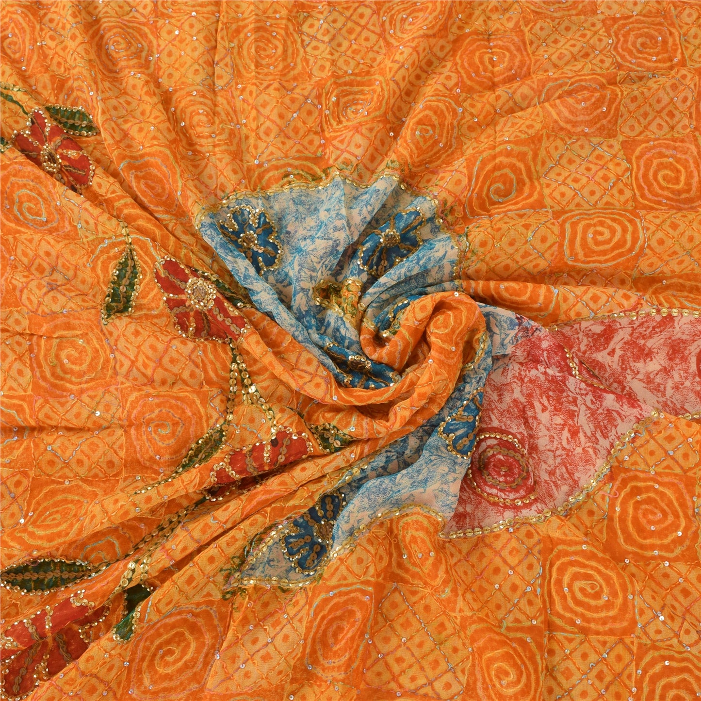 Sanskriti Vintage Yellow Saree Pure Georgette Hand Beaded Kantha Sari 5yd Fabric