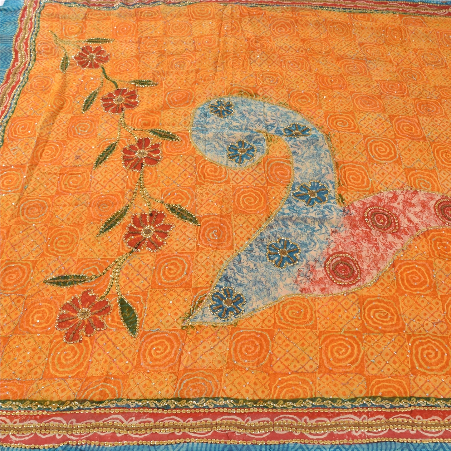 Sanskriti Vintage Yellow Saree Pure Georgette Hand Beaded Kantha Sari 5yd Fabric
